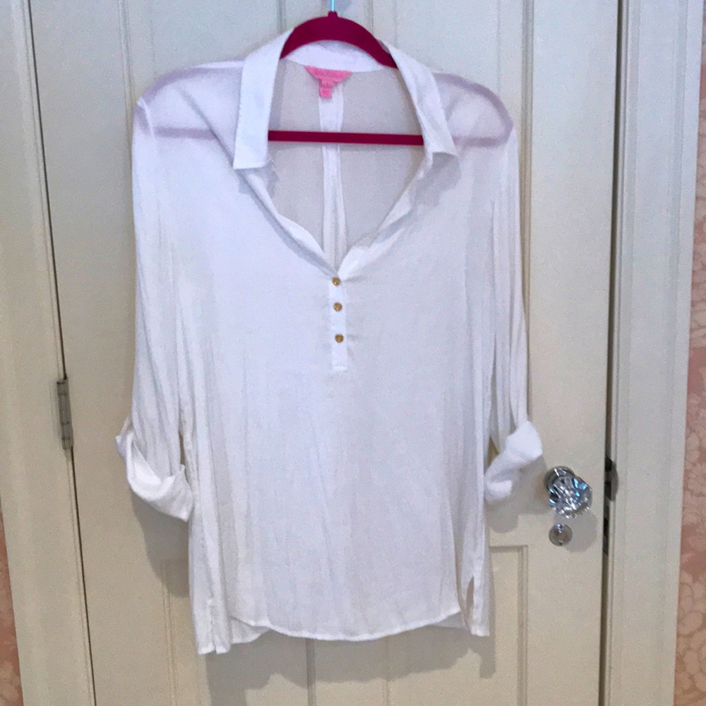 Lilly Pulitzer White Long-Sleeve Button Henley Blouse